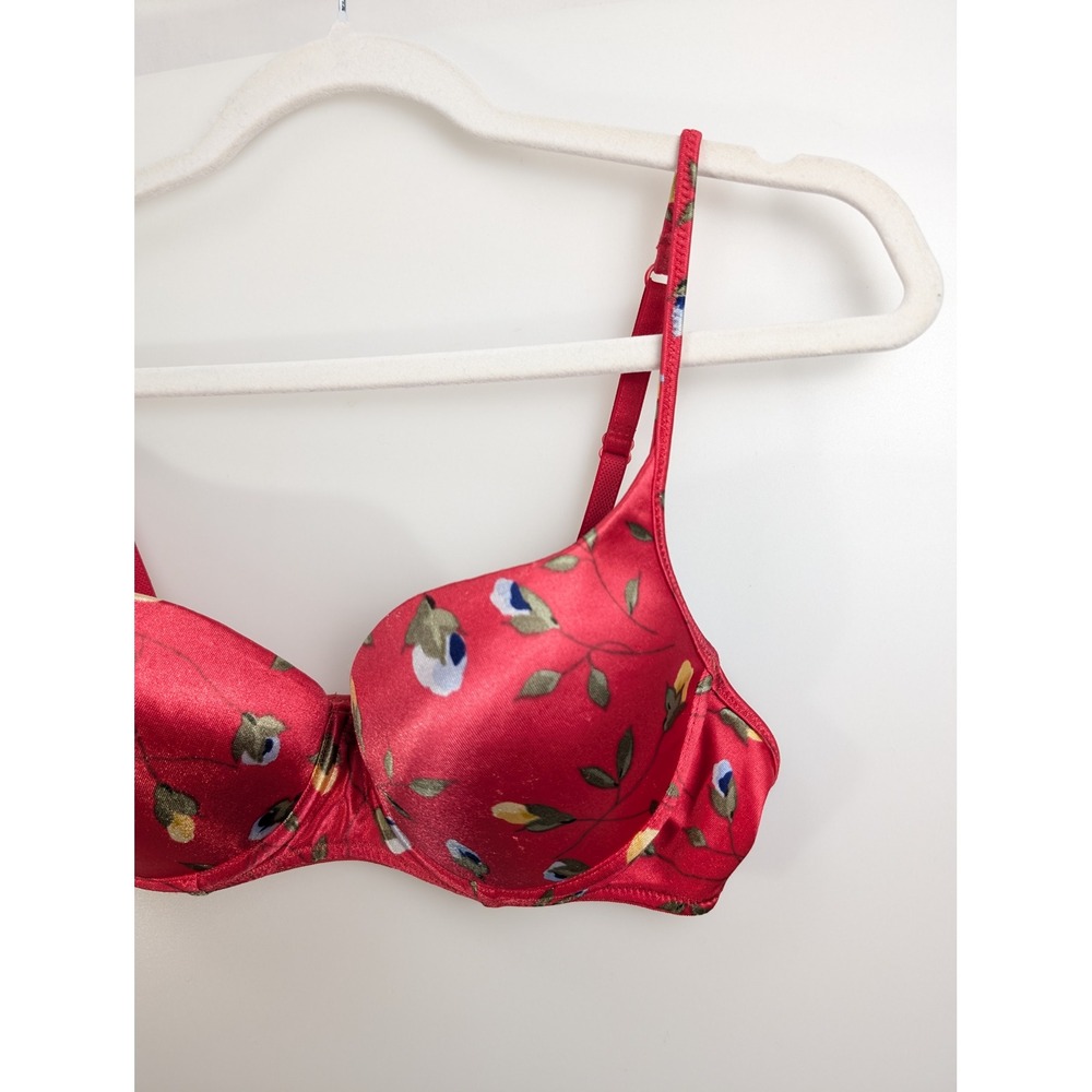 Vintage Y2K Victorias Secret Floral Satin Push Up Bra Size 36B Red Underwire - Picture 3 of 9
